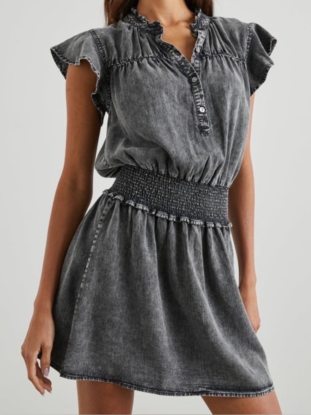 Rails Amina Smocked Mini Dress Vintage Wash Denim Look Size XS
